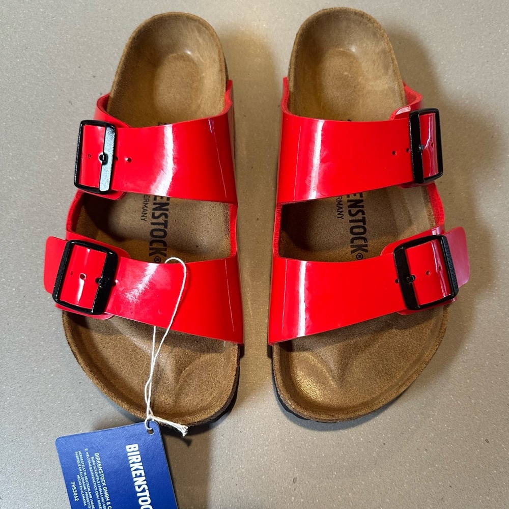 Brand new with tags, box. Red patent Birkenstock Arizonas, size 37 regular width